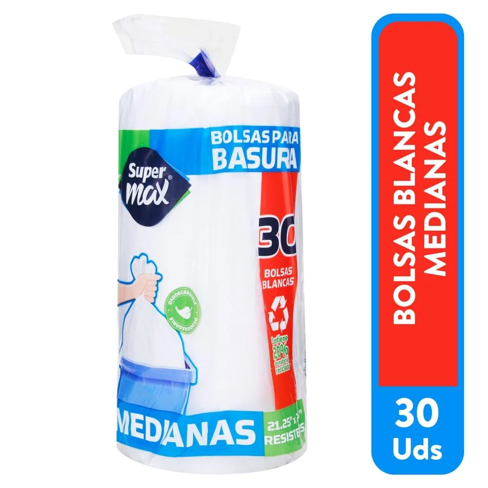 Bolsa Para Basura Marca Supermax Color Blanca Mediana – 30 Unidades