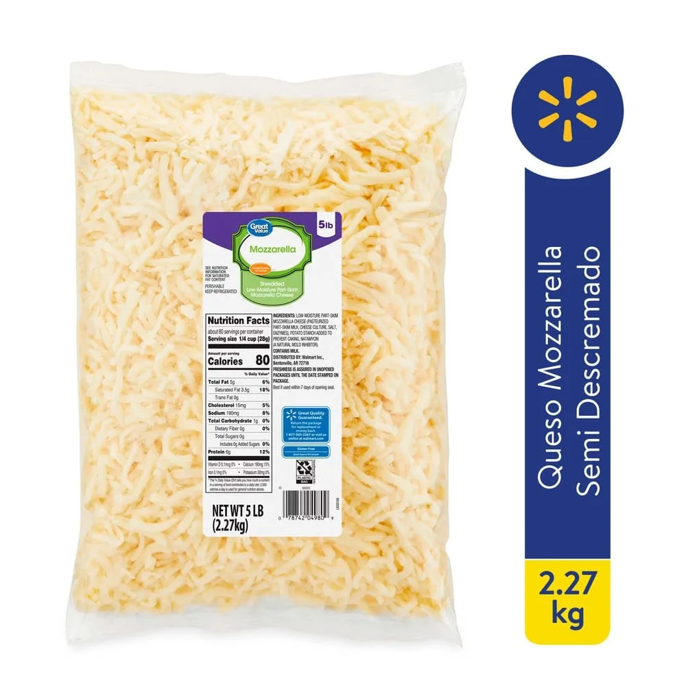 Queso mozzarella Great Value semidescremado rallado – 2.27 kg